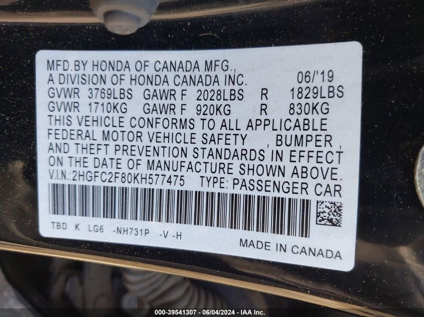 2019 Honda Civic Sport VIN: 2HGFC2F80KH577475 Lot: 39541307