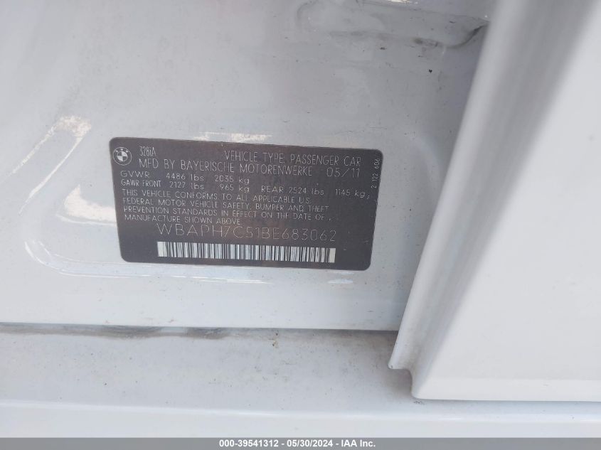 2011 BMW 328I VIN: WBAPH7C51BE683062 Lot: 39541312