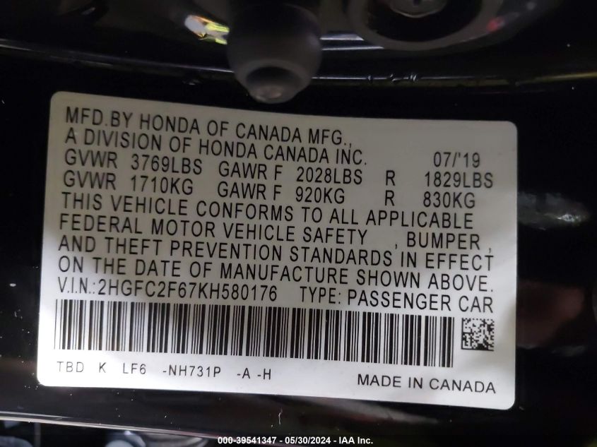 2019 Honda Civic Lx VIN: 2HGFC2F67KH580176 Lot: 39541347