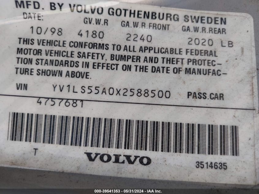 1999 Volvo S70 VIN: YV1LS55A0X2588500 Lot: 39541353