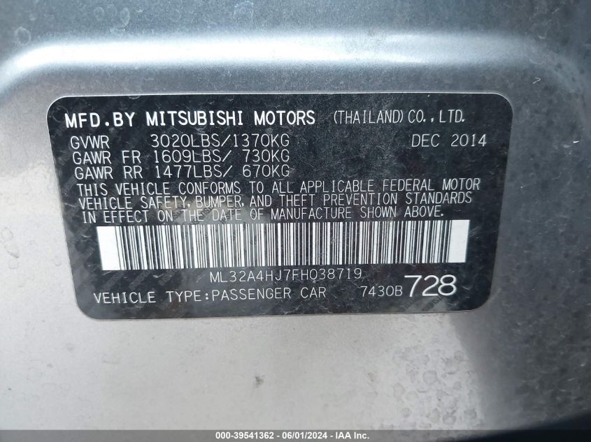 ML32A4HJ7FH038719 2015 Mitsubishi Mirage Es