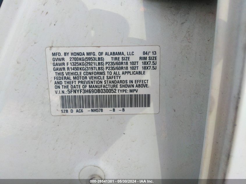 2013 Honda Pilot Ex-L VIN: 5FNYF3H69DB030052 Lot: 39541381