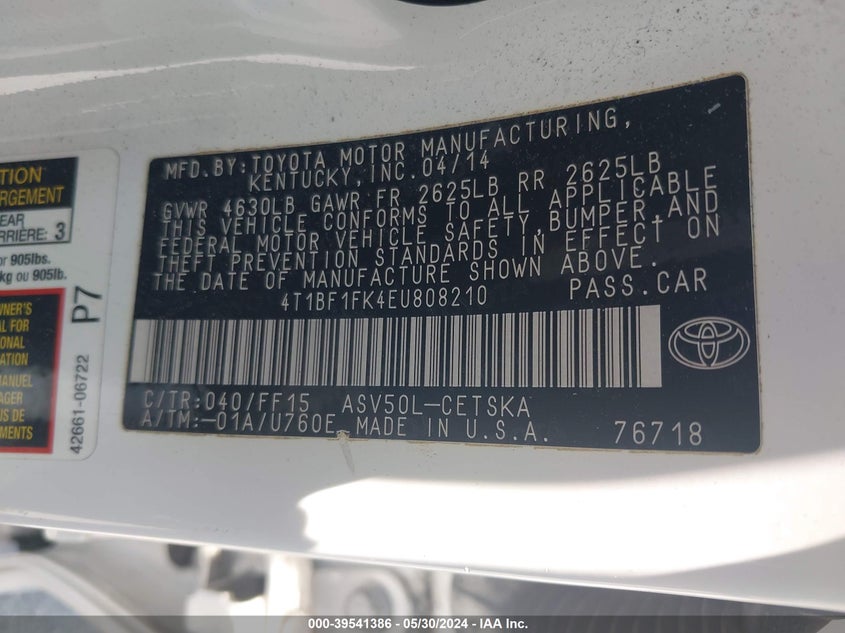 2014 Toyota Camry Se VIN: 4T1BF1FK4EU808210 Lot: 39541386