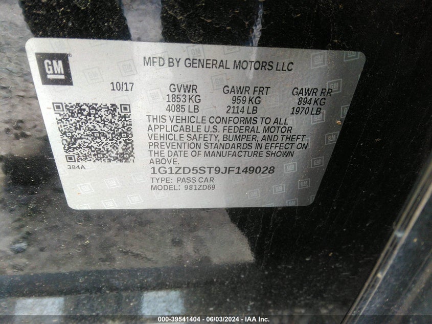 2018 Chevrolet Malibu Lt VIN: 1G1ZD5ST9JF149028 Lot: 39541404