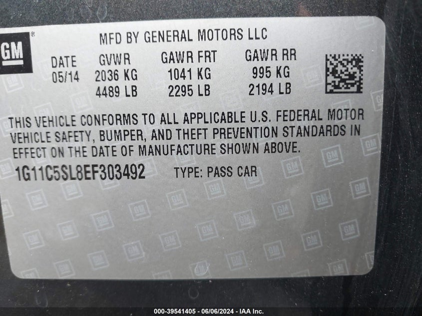 2014 Chevrolet Malibu 1Lt VIN: 1G11C5SL8EF303492 Lot: 39541405