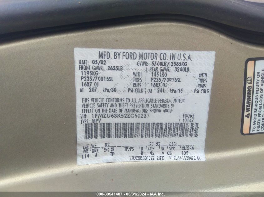 2002 Ford Explorer Xlt VIN: 1FMZU63K52ZC60237 Lot: 39541407