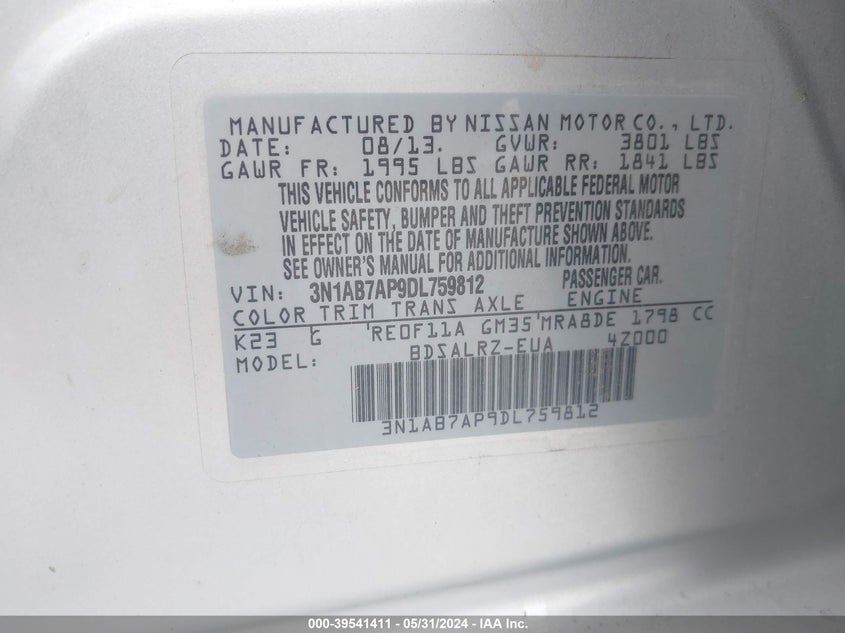 2013 Nissan Sentra Sr VIN: 3N1AB7AP9DL759812 Lot: 39541411
