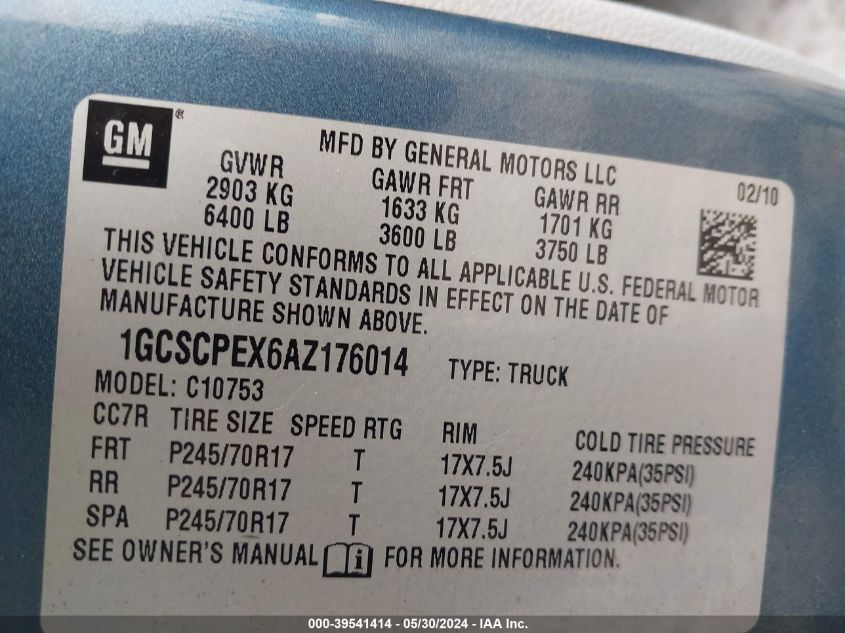 2010 Chevrolet Silverado 1500 Work Truck VIN: 1GCSCPEX6AZ176014 Lot: 39541414