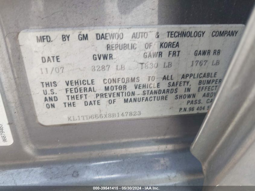 2008 Chevrolet Aveo 5 Ls VIN: KL1TD666X8B147823 Lot: 39541415