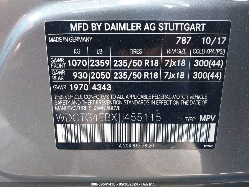 2018 Mercedes-Benz Gla 250 VIN: WDCTG4EBXJJ455115 Lot: 39541430