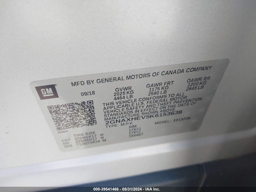 2019 Chevrolet Equinox Ls VIN: 2GNAXHEV5K6153638 Lot: 39541466