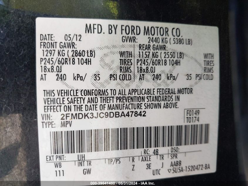 2013 Ford Edge Sel VIN: 2FMDK3JC9DBA47842 Lot: 39541480