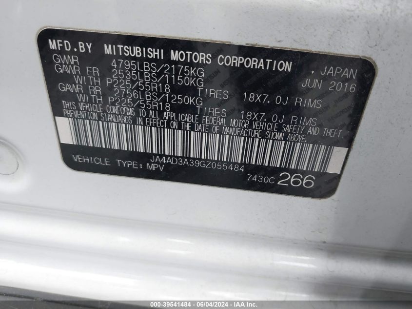 2016 Mitsubishi Outlander Se VIN: JA4AD3A39GZ055484 Lot: 39541484