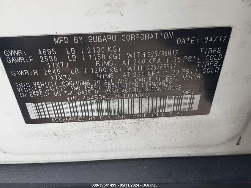 2017 Subaru Outback 2.5I Premium VIN: 4S4BSACCXH3399343 Lot: 39541499