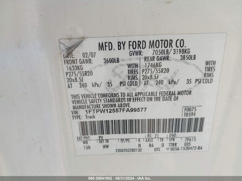 2007 Ford F-150 Lariat/Xlt VIN: 1FTPW12557FA99577 Lot: 39541502