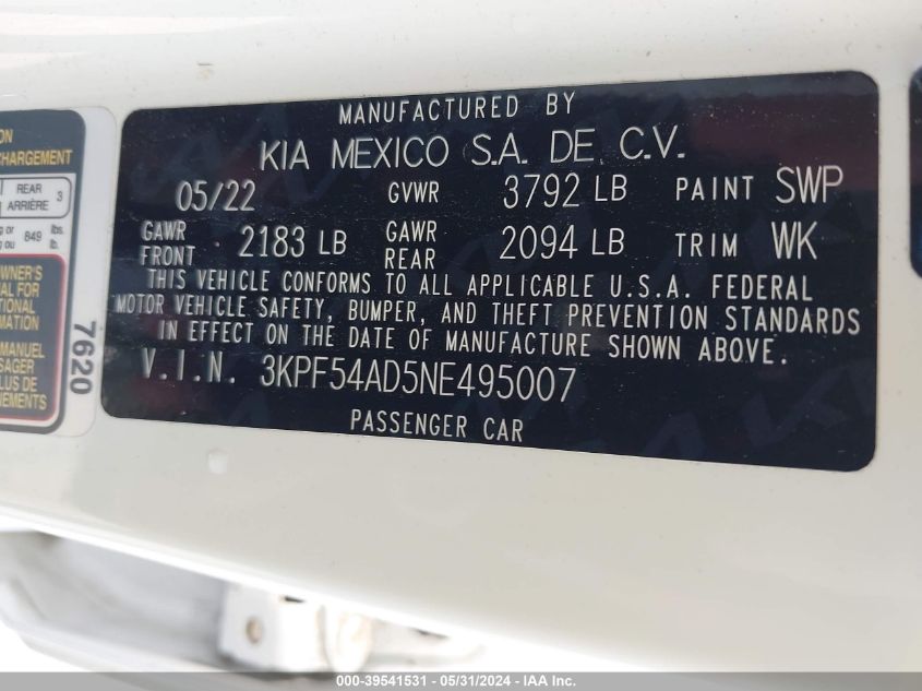 2022 Kia Forte Gt-Line VIN: 3KPF54AD5NE495007 Lot: 39541531