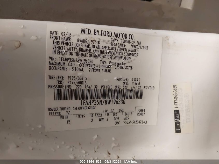 2008 Ford Focus Se/Ses VIN: 1FAHP35N78W196330 Lot: 39541533