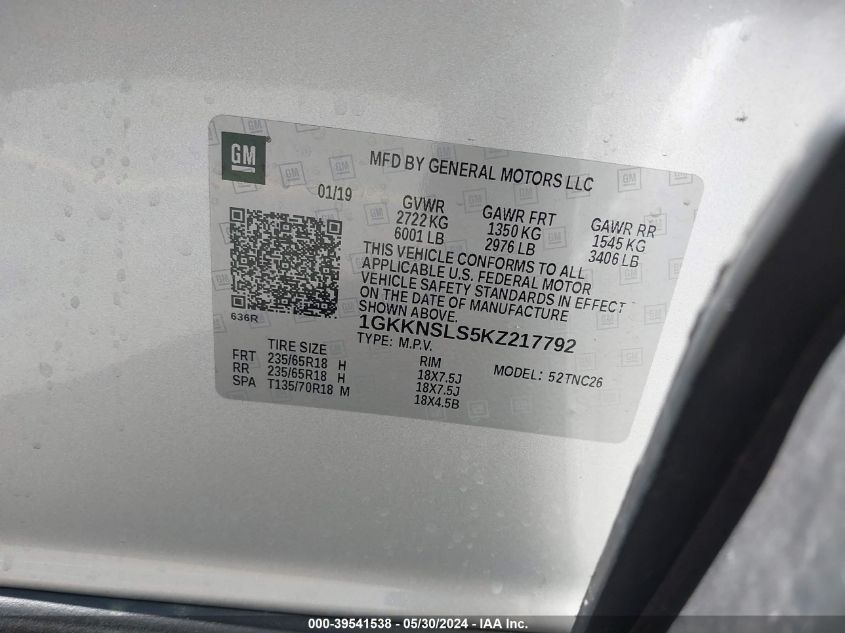 2019 GMC Acadia Sle-2 VIN: 1GKKNSLS5KZ217792 Lot: 39541538