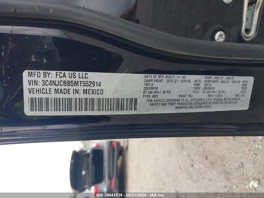 2021 Jeep Compass Altitude Fwd VIN: 3C4NJCBB5MT552914 Lot: 39541539