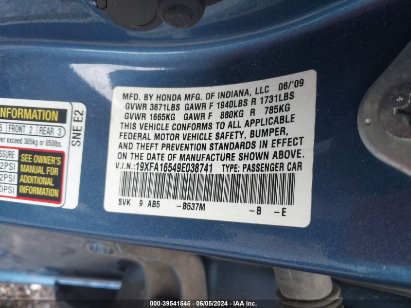 2009 Honda Civic Lx VIN: 19XFA16549E038741 Lot: 39541545