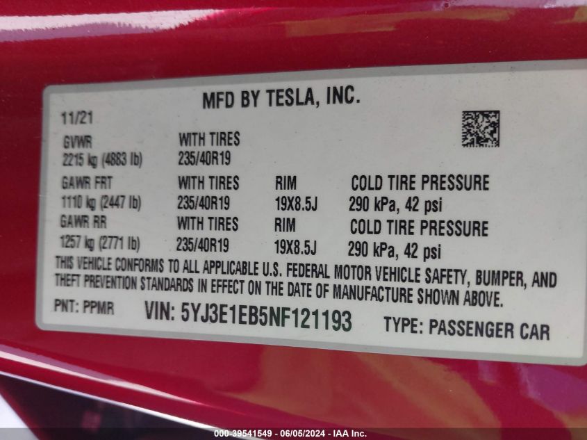 2022 Tesla Model 3 Long Range Dual Motor All-Wheel Drive VIN: 5YJ3E1EB5NF121193 Lot: 39541549