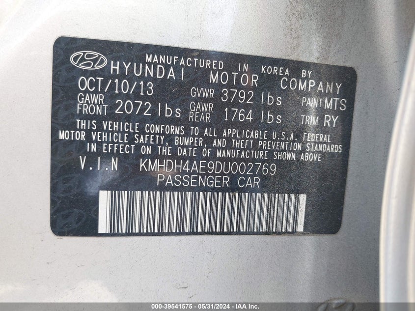 2013 Hyundai Elantra Limited VIN: KMHDH4AE9DU002769 Lot: 39541575