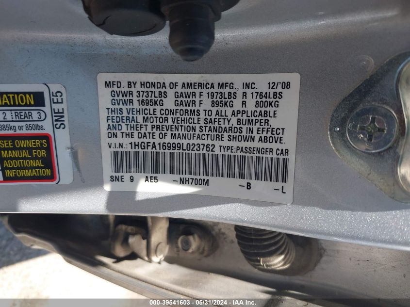 2009 Honda Civic Ex-L VIN: 1HGFA16999L023762 Lot: 39541603