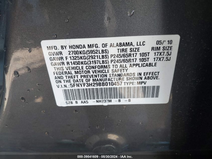 2011 Honda Pilot Lx VIN: 5FNYF3H29BB010457 Lot: 39541609