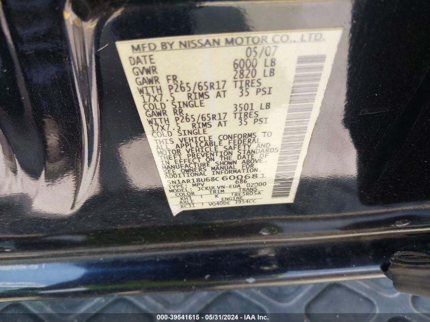 2008 Nissan Pathfinder Le VIN: 5N1AR18U68C600681 Lot: 39541615