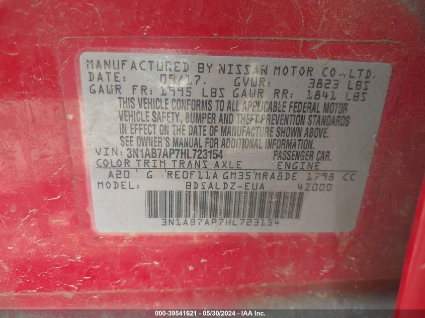 2017 Nissan Sentra Sv VIN: 3N1AB7AP7HL723154 Lot: 39541621
