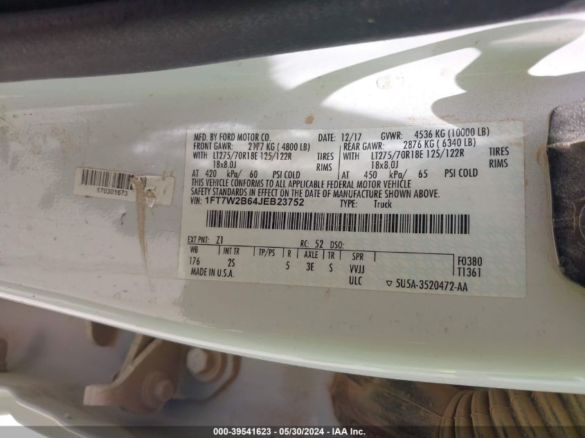 2018 Ford F-250 Xlt VIN: 1FT7W2B64JEB23752 Lot: 39541623