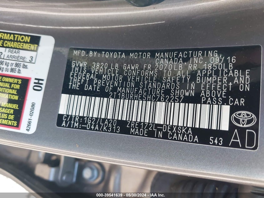 2017 Toyota Corolla L/Le/Xle/Se/Xse VIN: 2T1BURHE5HC762257 Lot: 39541639