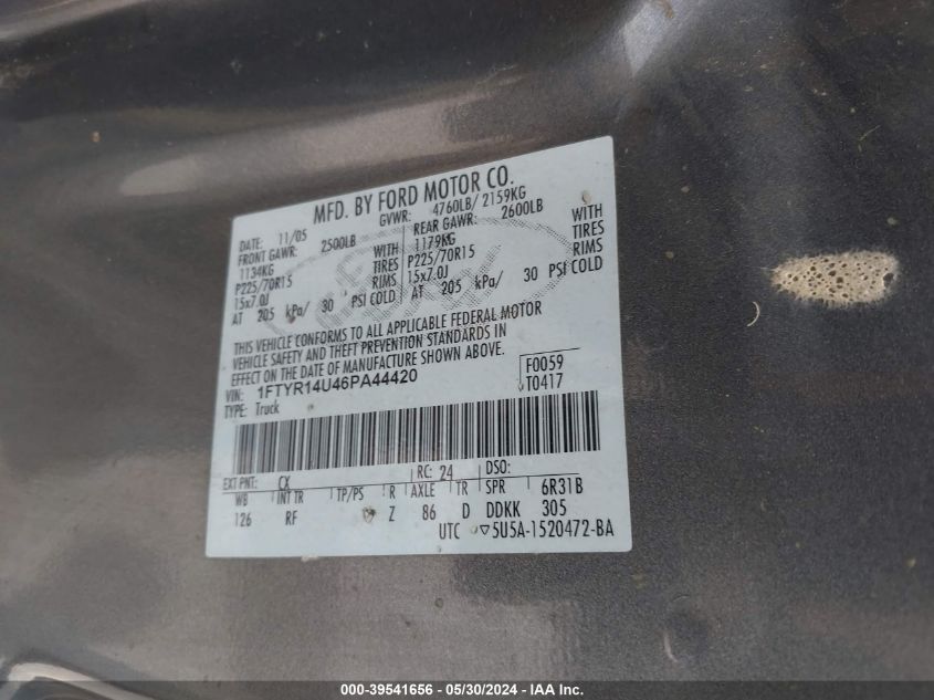 2006 Ford Ranger Sport/Stx/Xl/Xlt VIN: 1FTYR14U46PA44420 Lot: 39541656