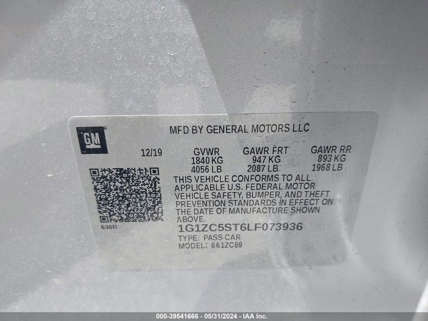 2020 Chevrolet Malibu Fwd 1Fl VIN: 1G1ZC5ST6LF073936 Lot: 39541666