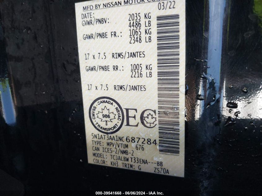 2022 Nissan Rogue VIN: 5N1AT3AA1NC687284 Lot: 39541668