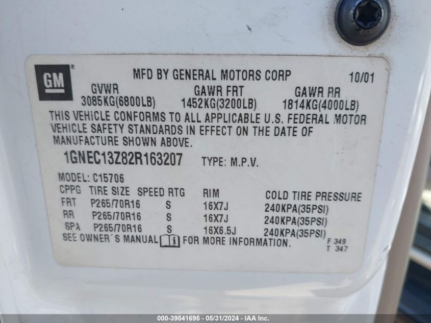 2002 Chevrolet Tahoe C1500 VIN: 1GNEC13Z82R163207 Lot: 39541695