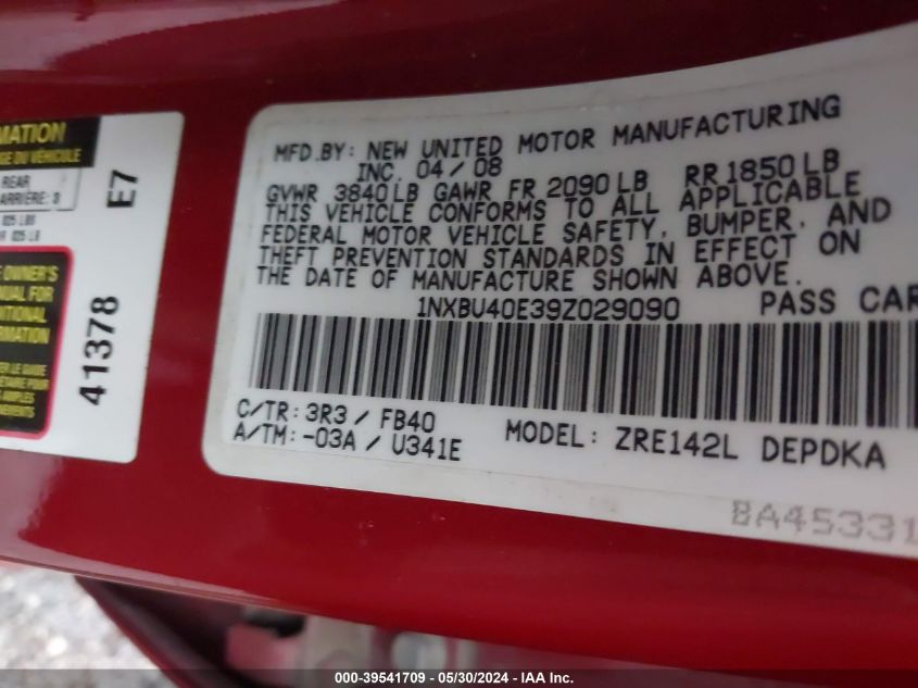 2009 Toyota Corolla VIN: 1NXBU40E39Z029090 Lot: 39541709