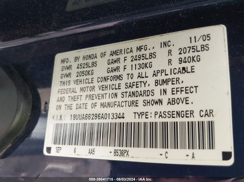 2006 Acura Tl VIN: 19UUA66296A013344 Lot: 39541715