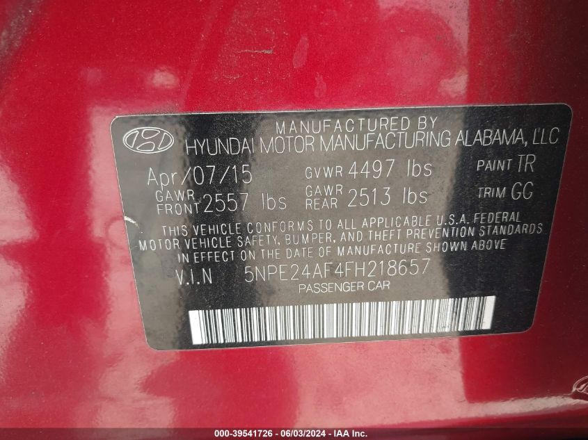 2015 Hyundai Sonata Se VIN: 5NPE24AF4FH218657 Lot: 39541726
