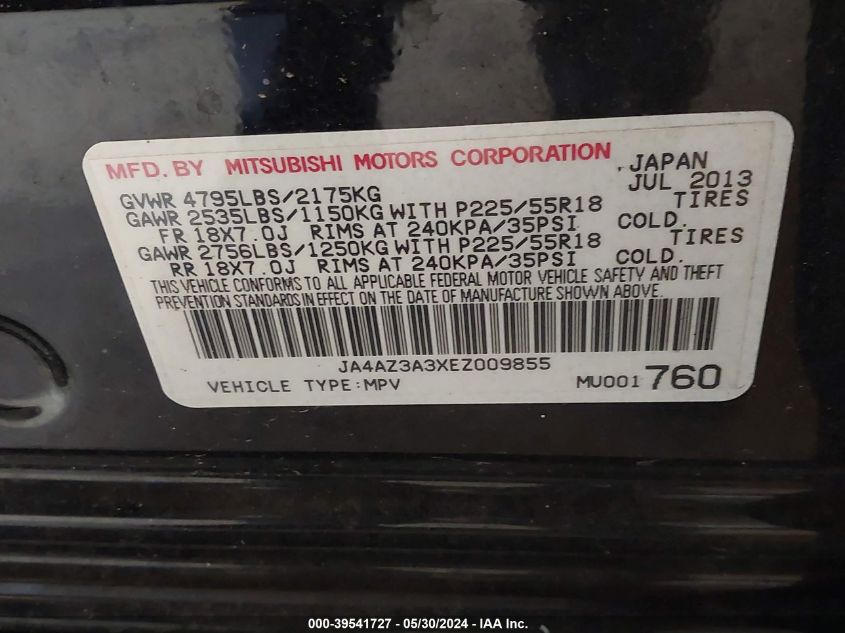 2014 Mitsubishi Outlander Se VIN: JA4AZ3A3XEZ009855 Lot: 39541727