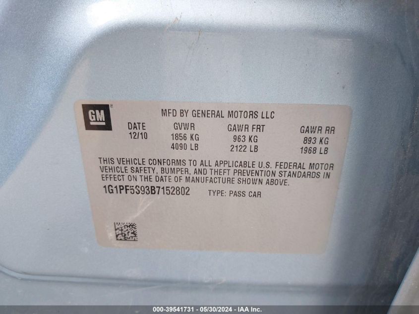 2011 Chevrolet Cruze 1Lt VIN: 1G1PF5S93B7152802 Lot: 39541731