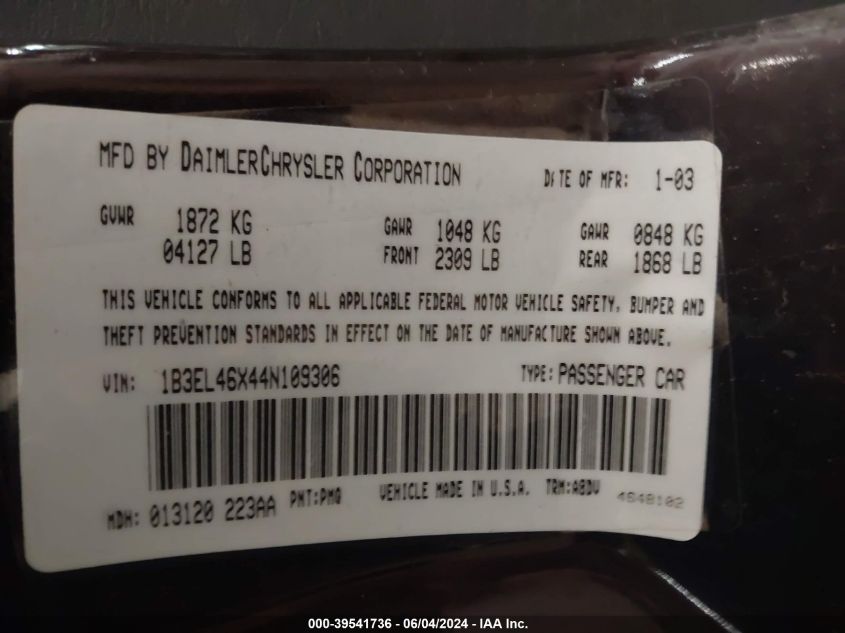 2004 Dodge Stratus Sxt VIN: 1B3EL46X44N109306 Lot: 39541736