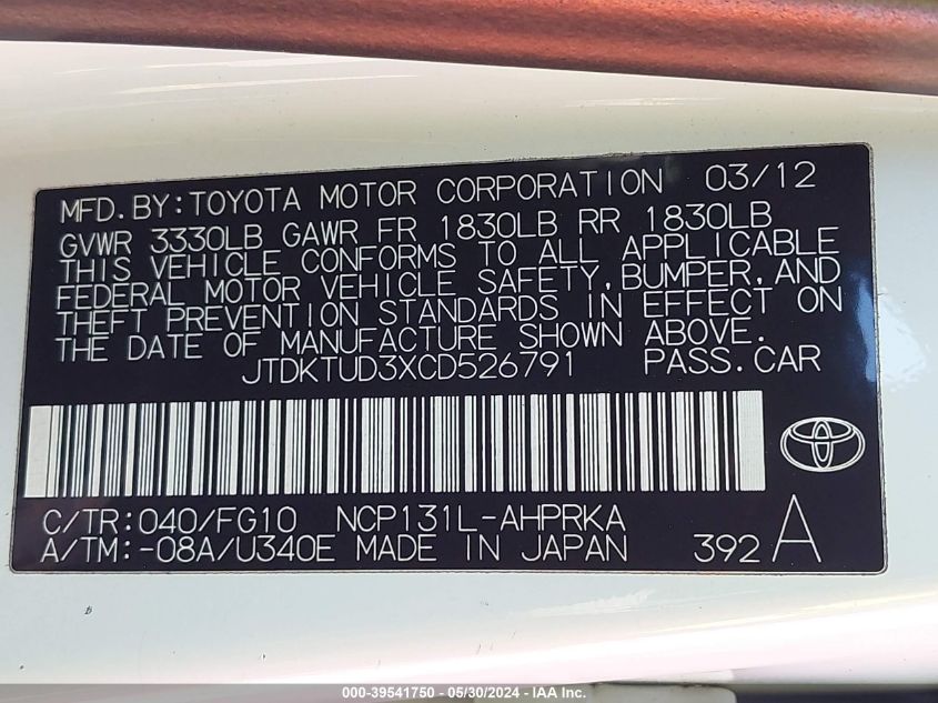 2012 Toyota Yaris Le VIN: JTDKTUD3XCD526791 Lot: 39541750