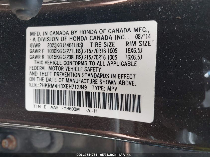 2HKRM4H3XEH712849 2014 Honda Cr-V Lx