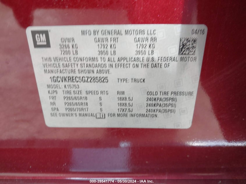 2016 Chevrolet Silverado 1500 1Lt VIN: 1GCVKREC5GZ285825 Lot: 39541774