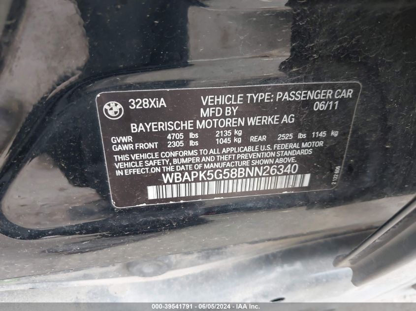 2011 BMW 328I xDrive VIN: WBAPK5G58BNN26340 Lot: 39541791