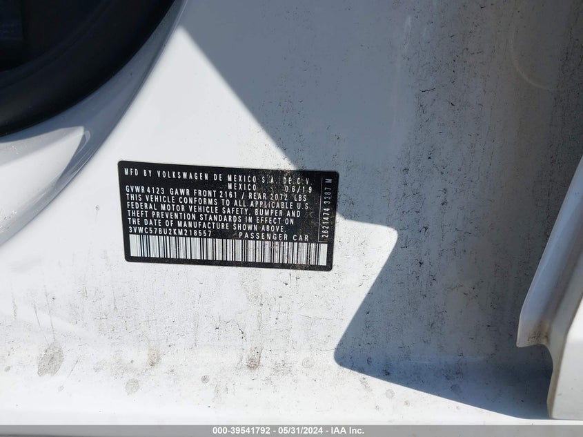 2019 Volkswagen Jetta 1.4T R-Line/1.4T S/1.4T Se VIN: 3VWC57BU2KM218557 Lot: 39541792