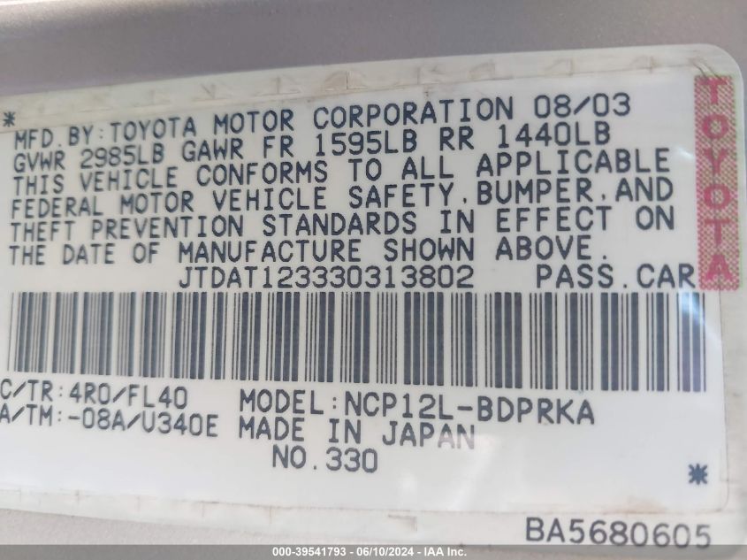 2003 Toyota Echo VIN: JTDAT123330313802 Lot: 39541793