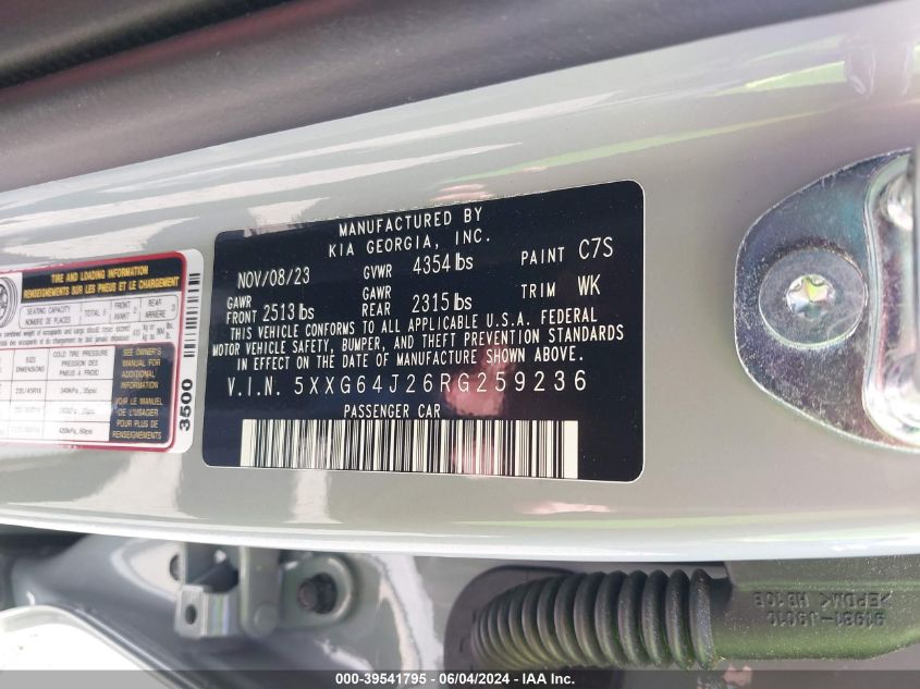 2024 Kia K5 Gt-Line VIN: 5XXG64J26RG259236 Lot: 39541795