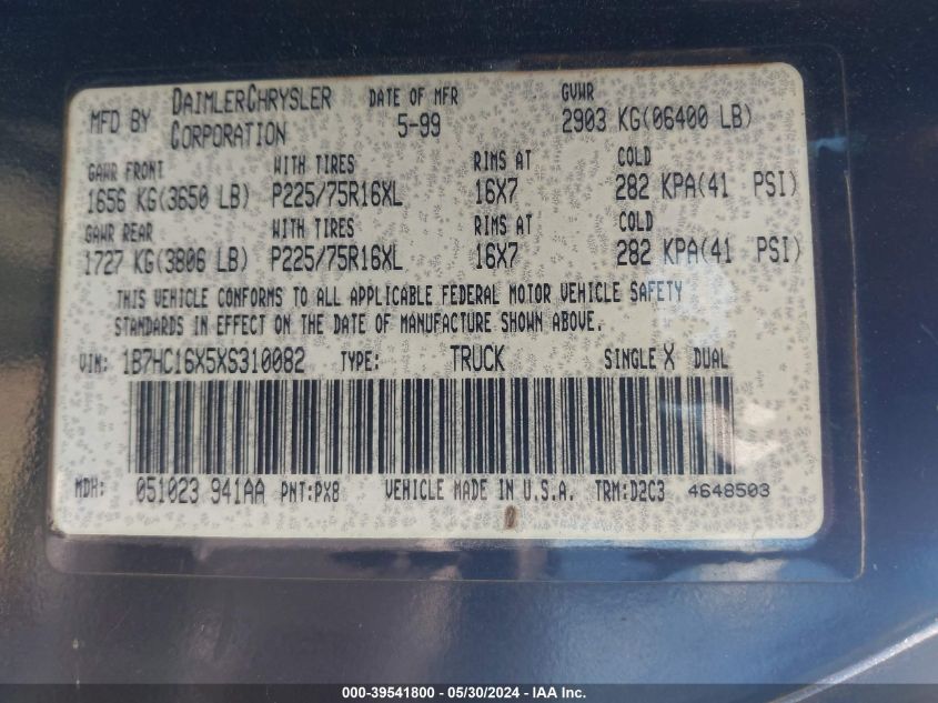 1999 Dodge Ram 1500 St/Ws VIN: 1B7HC16X5XS310082 Lot: 39541800